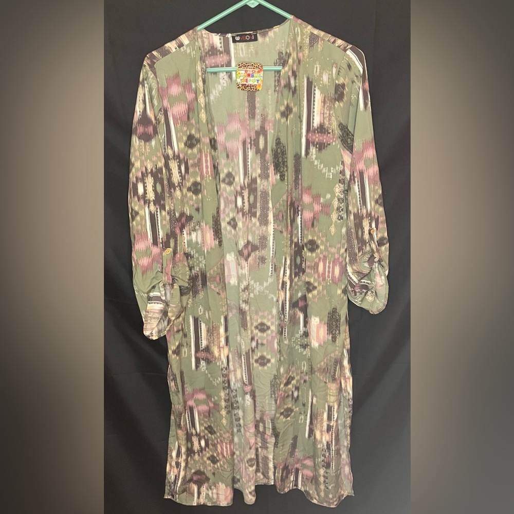 Vision USA  Green Aztec Printed Kimono Duster Cardigan Roll Tab Sleeves 2xl NWT